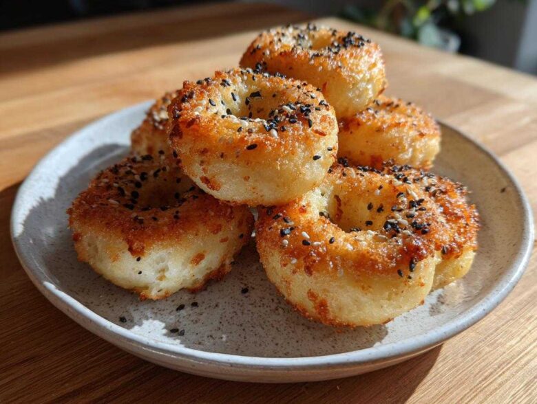 A stack of golden-brown High-Protein Cottage Cheese Bagel Bites topped with everything bagel seasoning on a speckled plate.