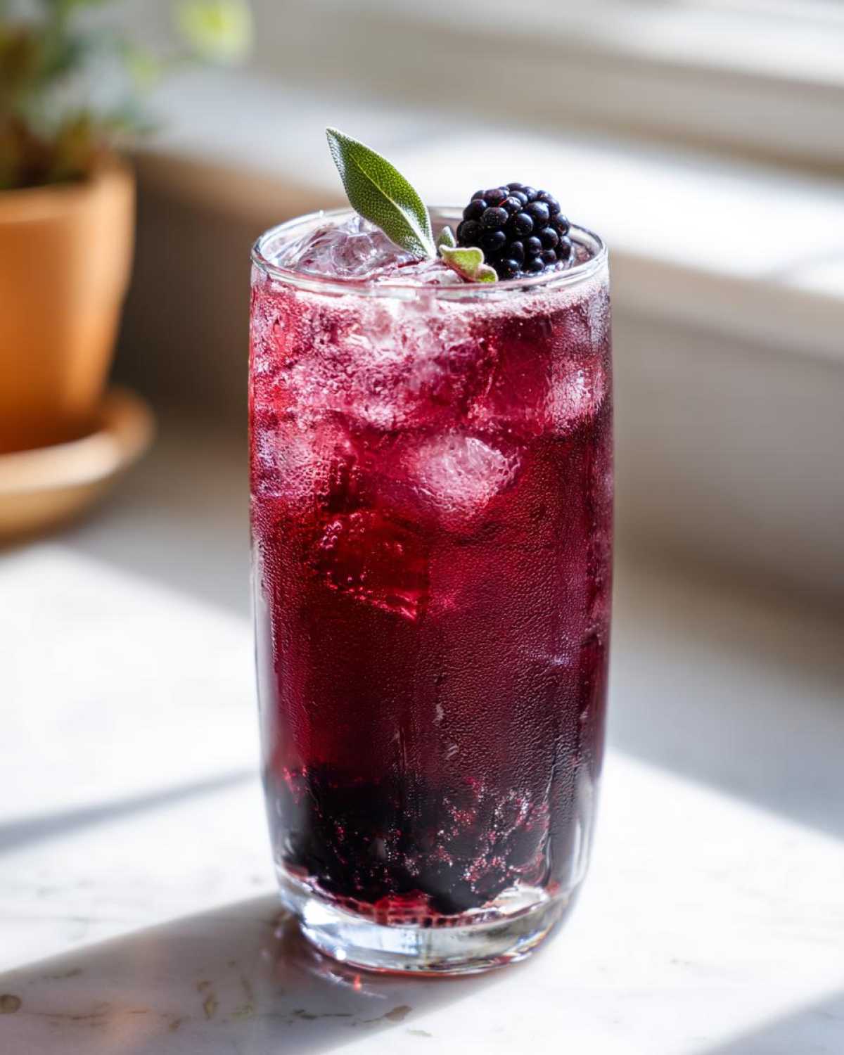 Close-up of a tall glass filled with vibrant Iced Blackberry Sage Tea, ice, and garnished with a fresh blackberry and sage leaf.