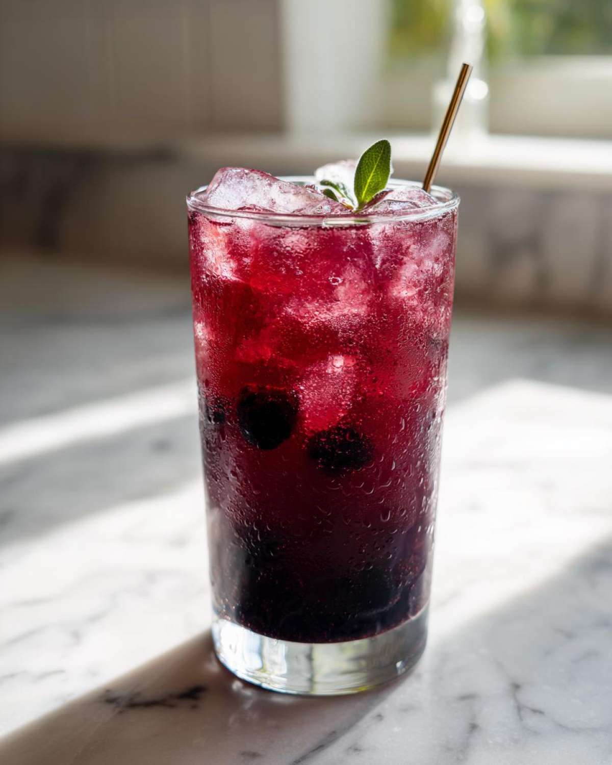 A tall glass filled with vibrant Iced Blackberry Sage Tea, ice, whole blackberries, and garnished with a sage leaf.