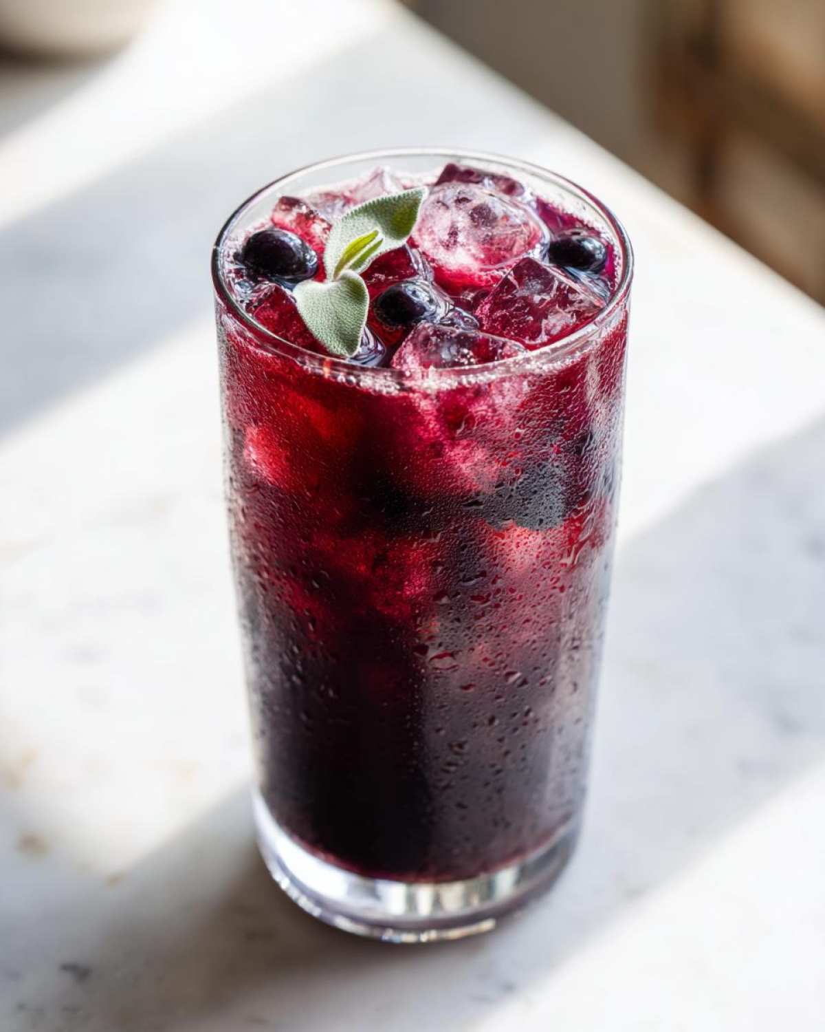 A tall glass of vibrant Iced Blackberry Sage Tea, filled with ice, dark berries, and garnished with a sage leaf.