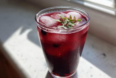 A tall glass of deep red Iced Blackberry Sage Tea filled with ice and garnished with fresh sage leaves.
