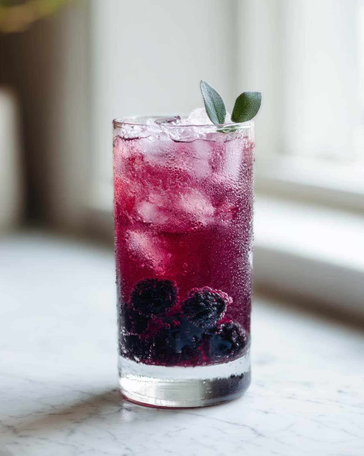 A tall, sweating glass filled with vibrant Iced Blackberry Sage Tea, ice cubes, and whole blackberries, garnished with sage leaves.