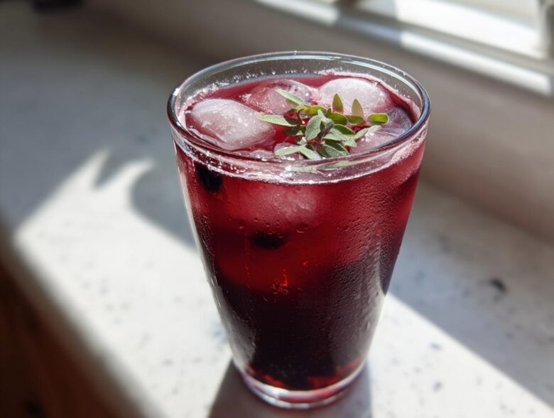 A tall glass of deep red Iced Blackberry Sage Tea filled with ice and garnished with fresh sage leaves.