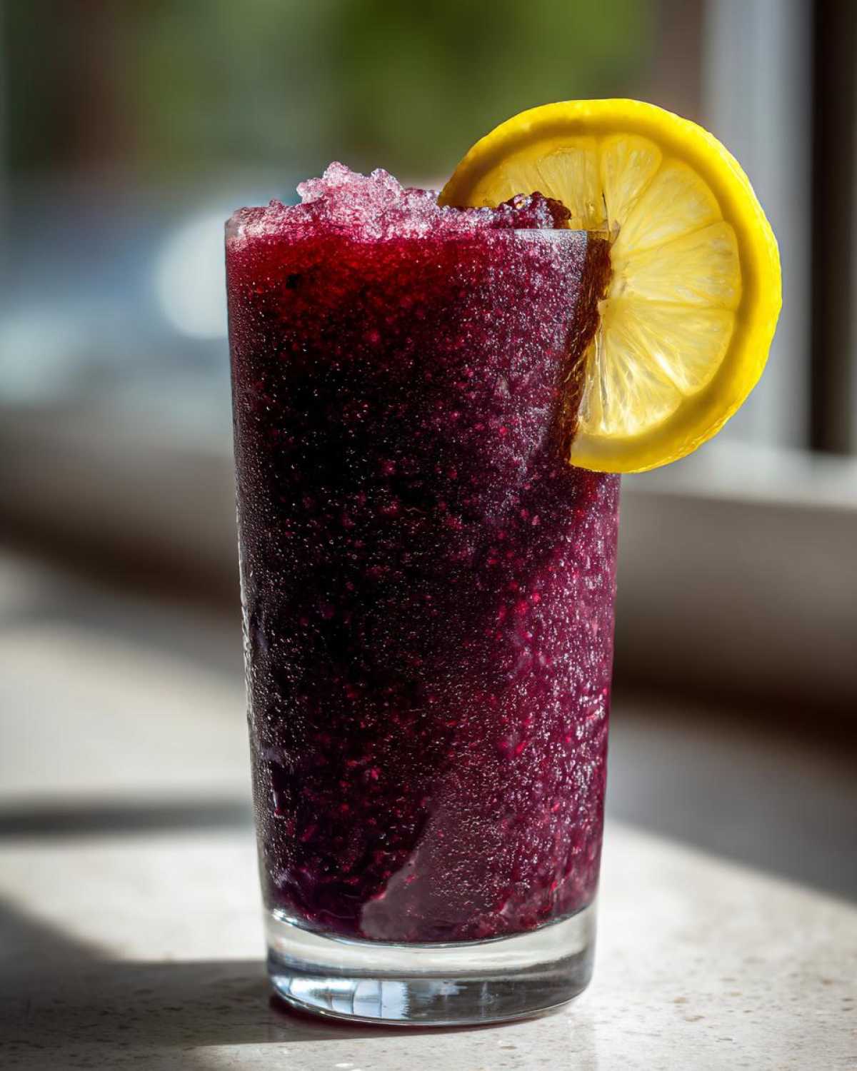 A tall glass filled with a deep purple Iced Blueberry Lemonade Slush, topped with crushed ice and garnished with a lemon slice.