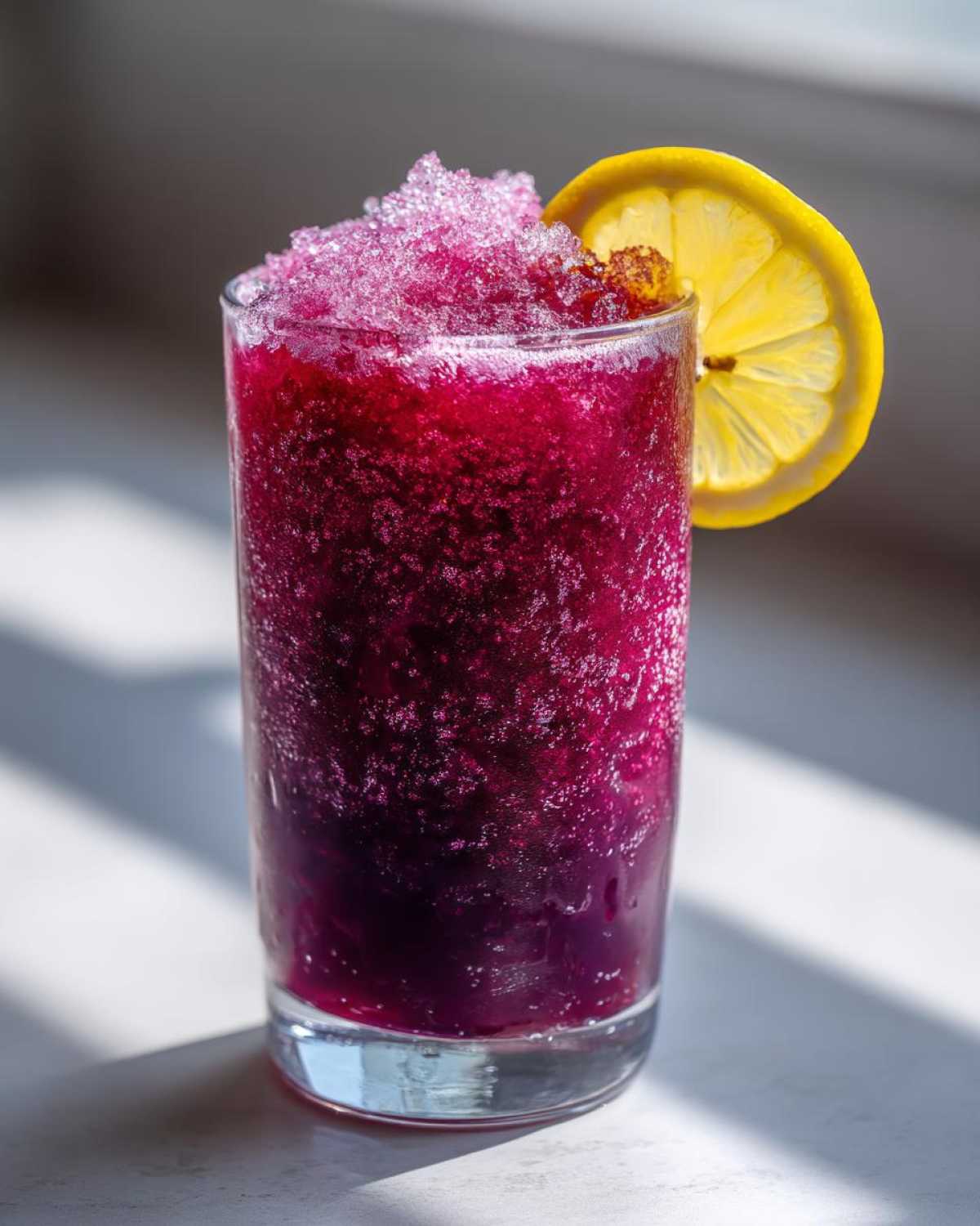 A tall glass filled with vibrant, deep purple Iced Blueberry Lemonade Slush, topped with crushed ice and garnished with a lemon slice.