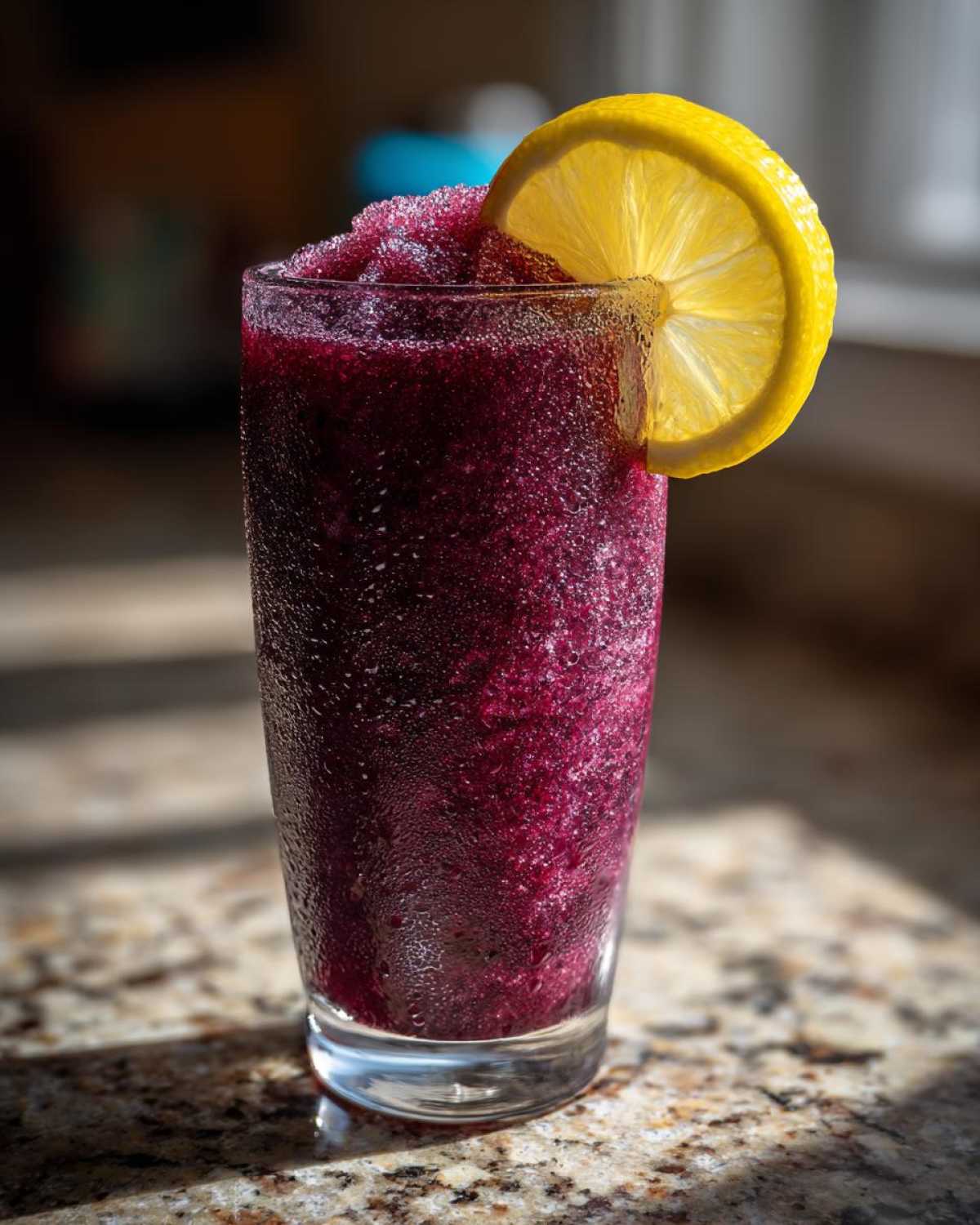 Close-up of a tall glass filled with a frosty Iced Blueberry Lemonade Slush, garnished with a lemon slice.