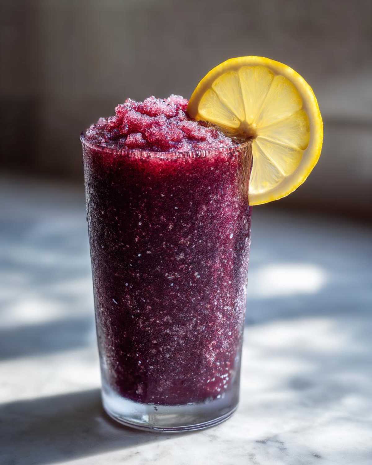 A tall glass filled with a deeply purple, icy Iced Blueberry Lemonade Slush, garnished with a bright lemon slice.