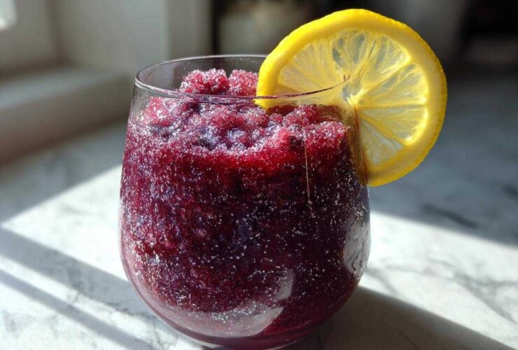 A close-up of a vibrant, deep purple Iced Blueberry Lemonade Slush garnished with a bright lemon slice.