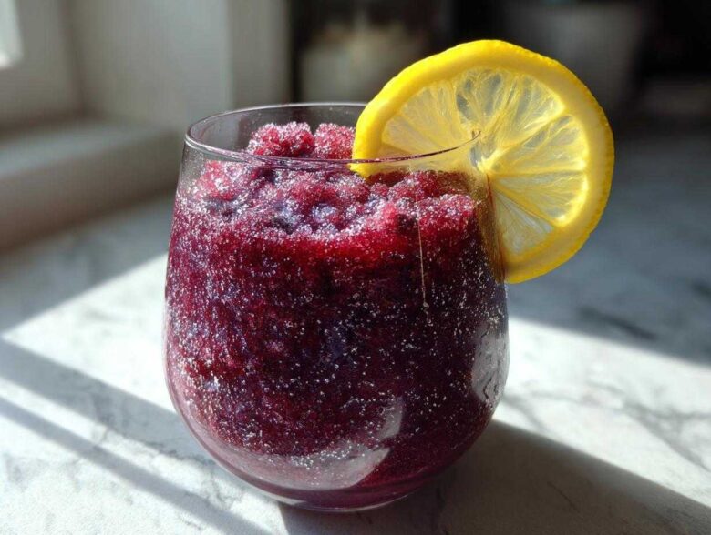 A close-up of a vibrant, deep purple Iced Blueberry Lemonade Slush garnished with a bright lemon slice.