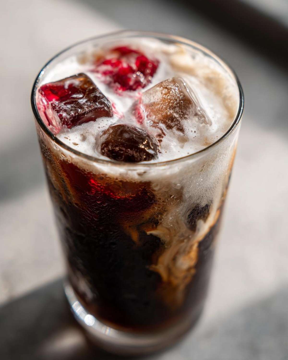 Close-up of Iced Cherry Vanilla Cold Brew with ice cubes, some appearing red from cherry flavoring, and cream swirling into the dark coffee.