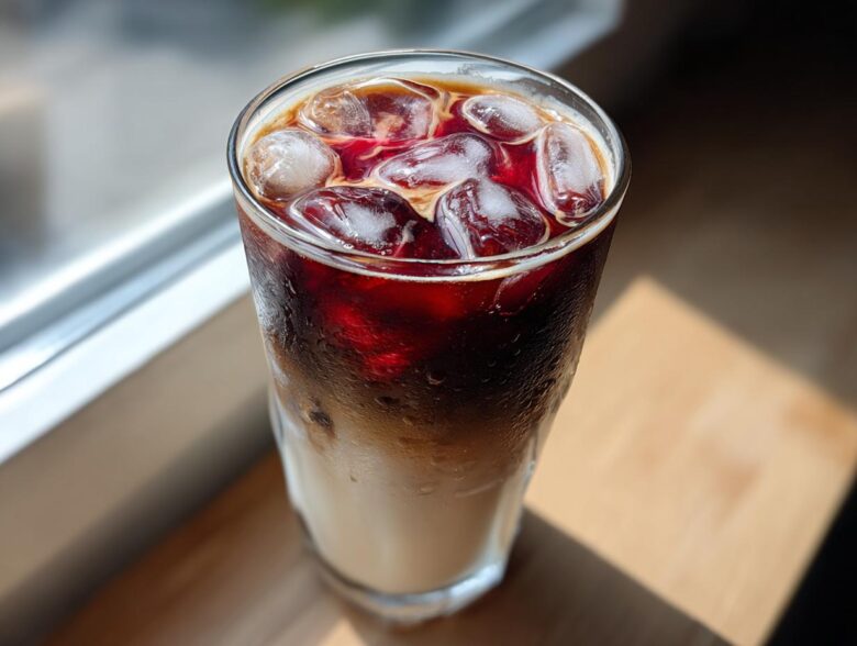 Close-up of a tall glass filled with Iced Cherry Vanilla Cold Brew, showing layers of milk, dark coffee, and a red cherry syrup swirl over ice.