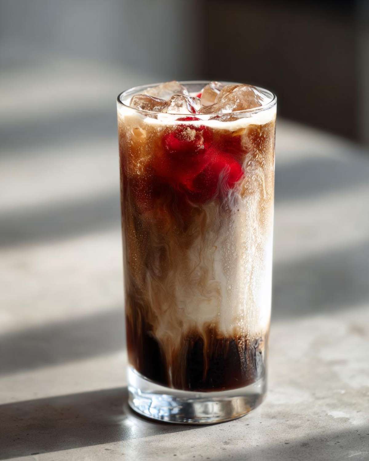 A tall glass of Iced Cherry Vanilla Cold Brew showing layers of dark coffee, swirling cream, and a bright red cherry garnish.