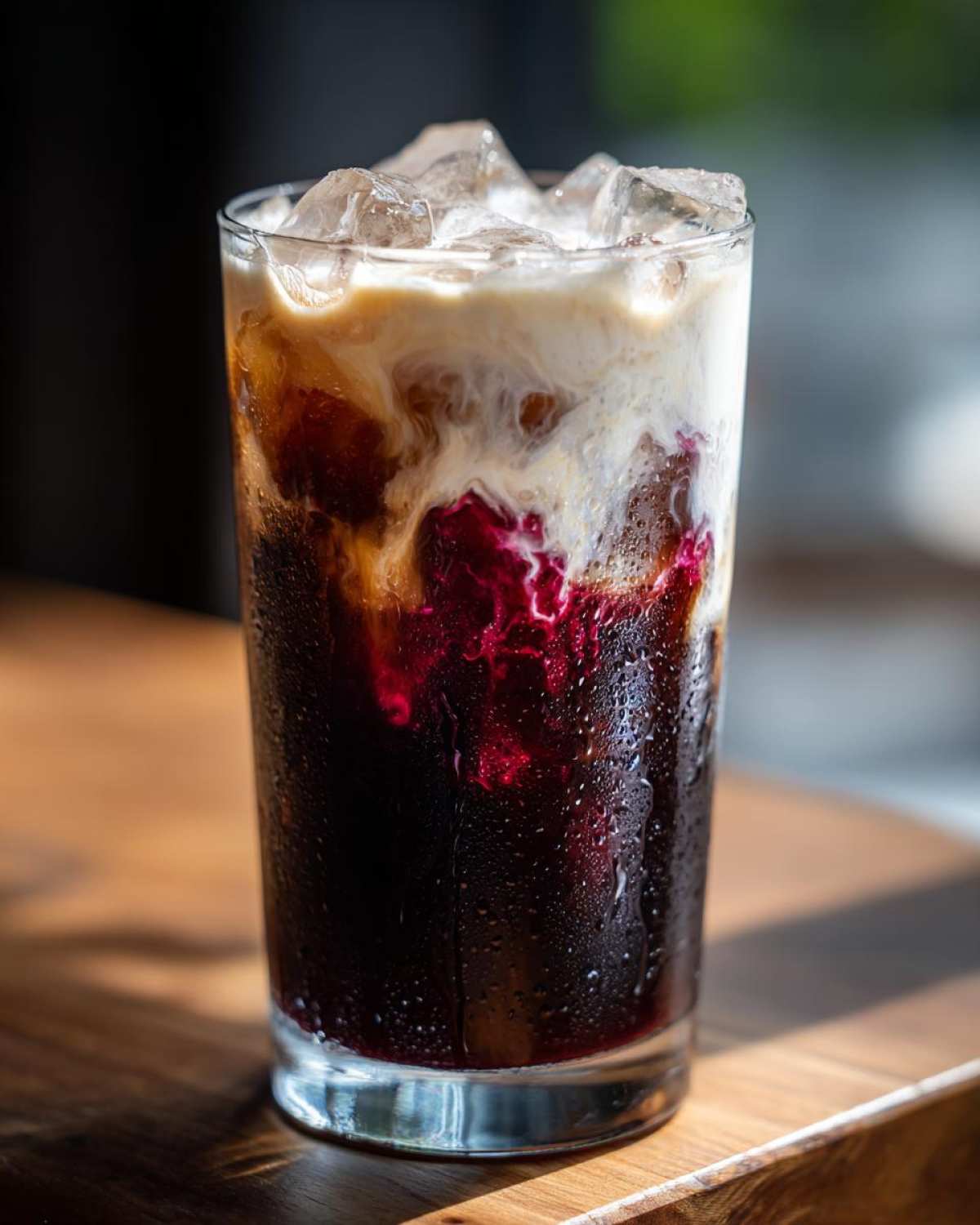 Close-up of a tall glass of Iced Cherry Vanilla Cold Brew with ice, dark cherry syrup, and cream swirling on top.