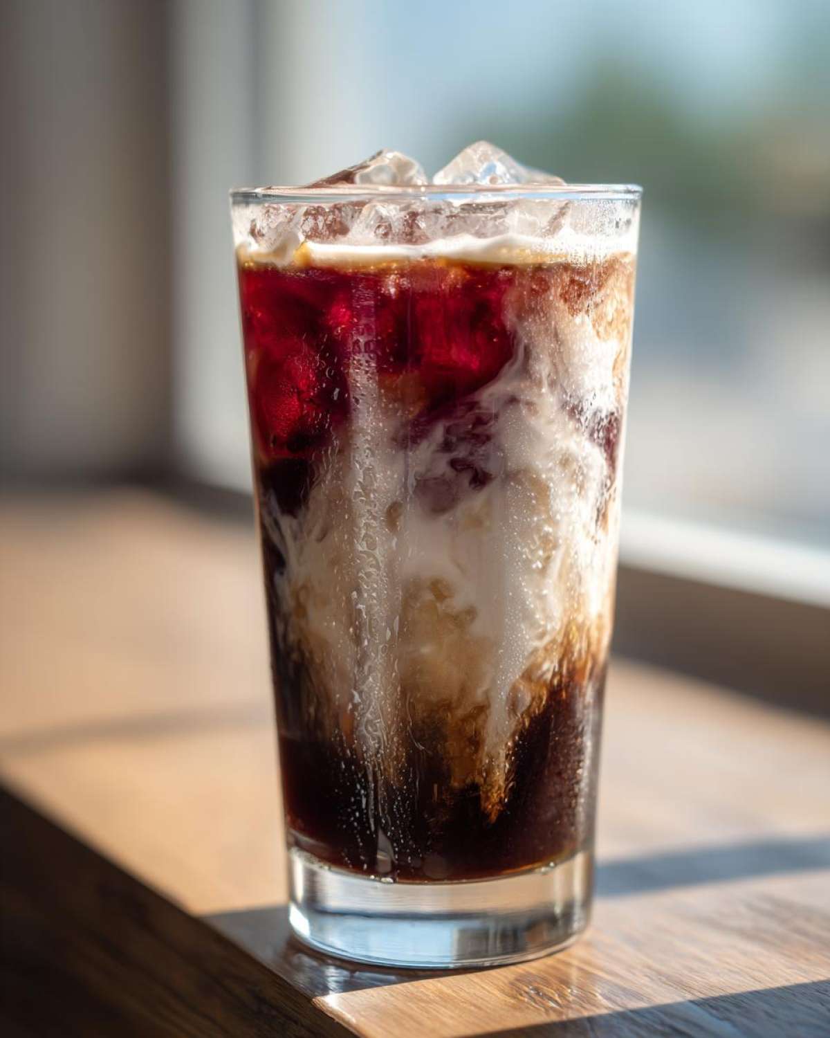 Close-up of a tall glass filled with Iced Cherry Vanilla Cold Brew, showing layers of dark coffee, white cream, and red cherry syrup over ice.