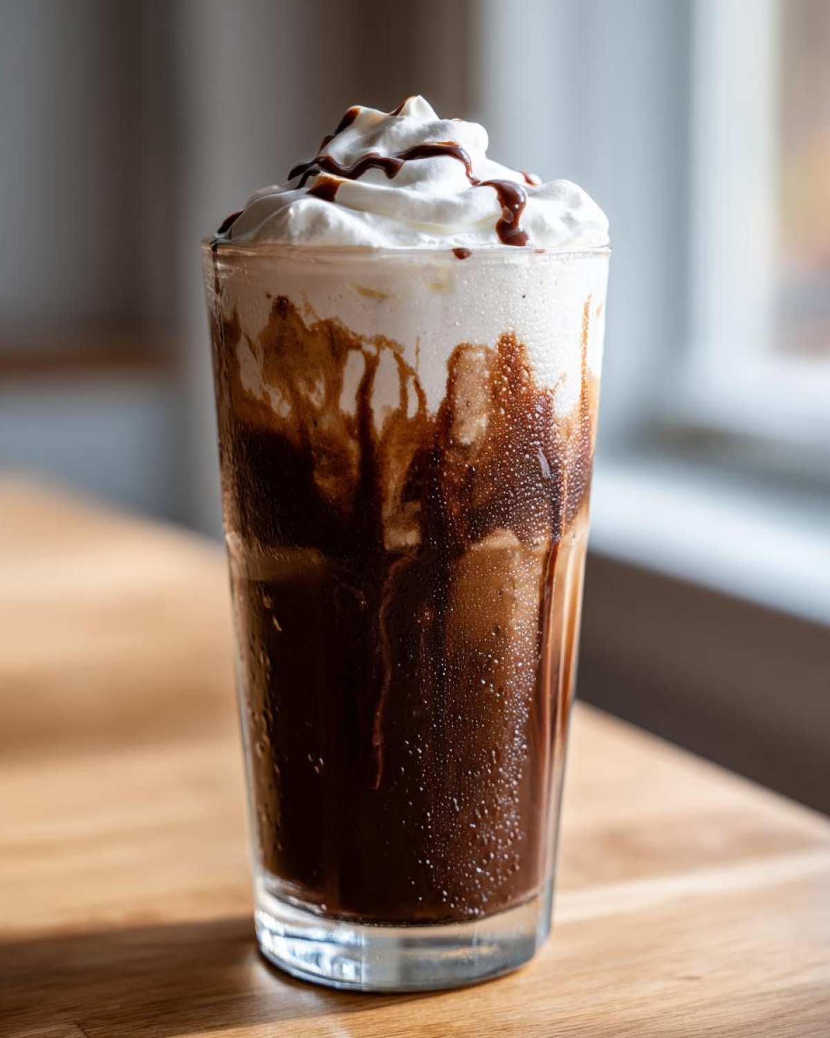 A tall glass of Iced Coconut Mocha with Cold Foam, featuring chocolate syrup streaks and whipped cream.