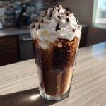 A tall glass of Iced Coconut Mocha with Cold Foam, topped generously with whipped cream and chocolate drizzle.