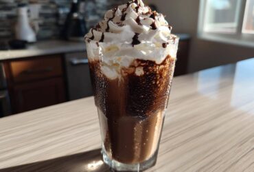 A tall glass of Iced Coconut Mocha with Cold Foam, topped generously with whipped cream and chocolate drizzle.