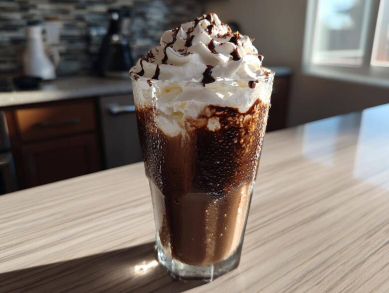 A tall glass of Iced Coconut Mocha with Cold Foam, topped generously with whipped cream and chocolate drizzle.