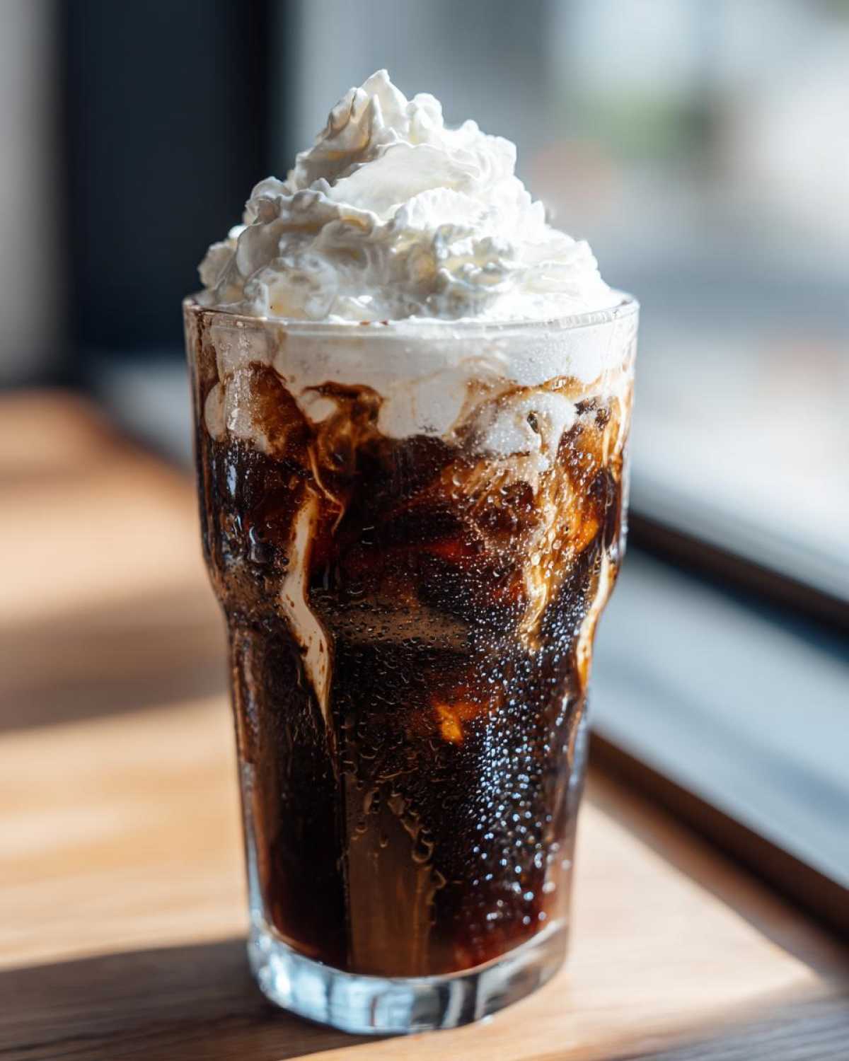 A tall glass of Iced Coconut Mocha with Cold Foam, topped generously with whipped cream, sitting on a wooden surface.