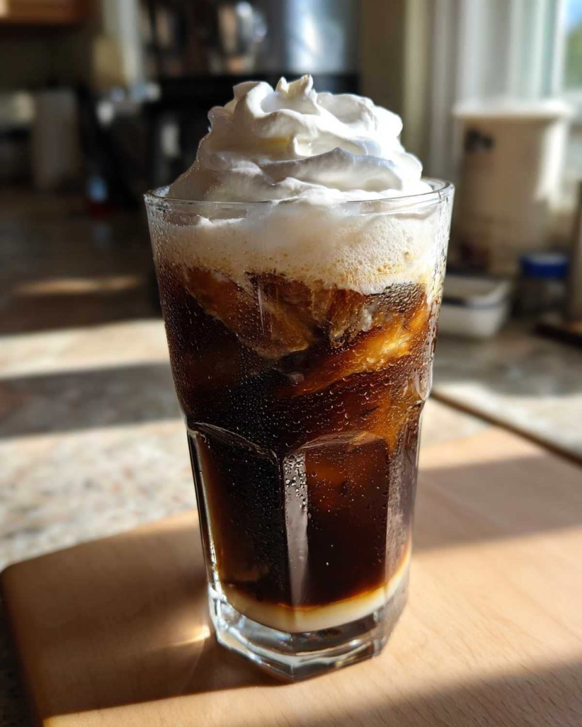 Tall glass of Iced Coconut Mocha with Cold Foam topped with a swirl of whipped cream, condensation visible.