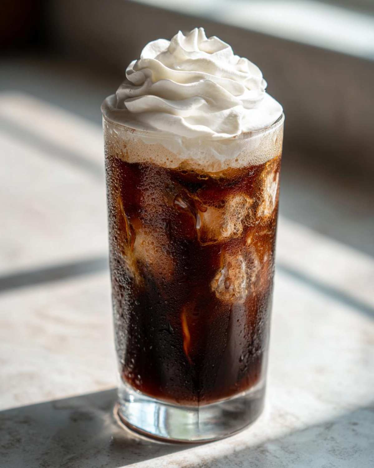 A tall, sweating glass filled with an Iced Coconut Mocha with Cold Foam and topped high with whipped cream.