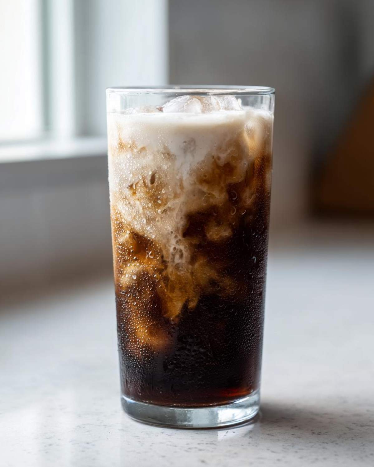 A tall glass filled with a refreshing Iced Honey Vanilla Latte with Oat Milk, showing condensation on the outside.