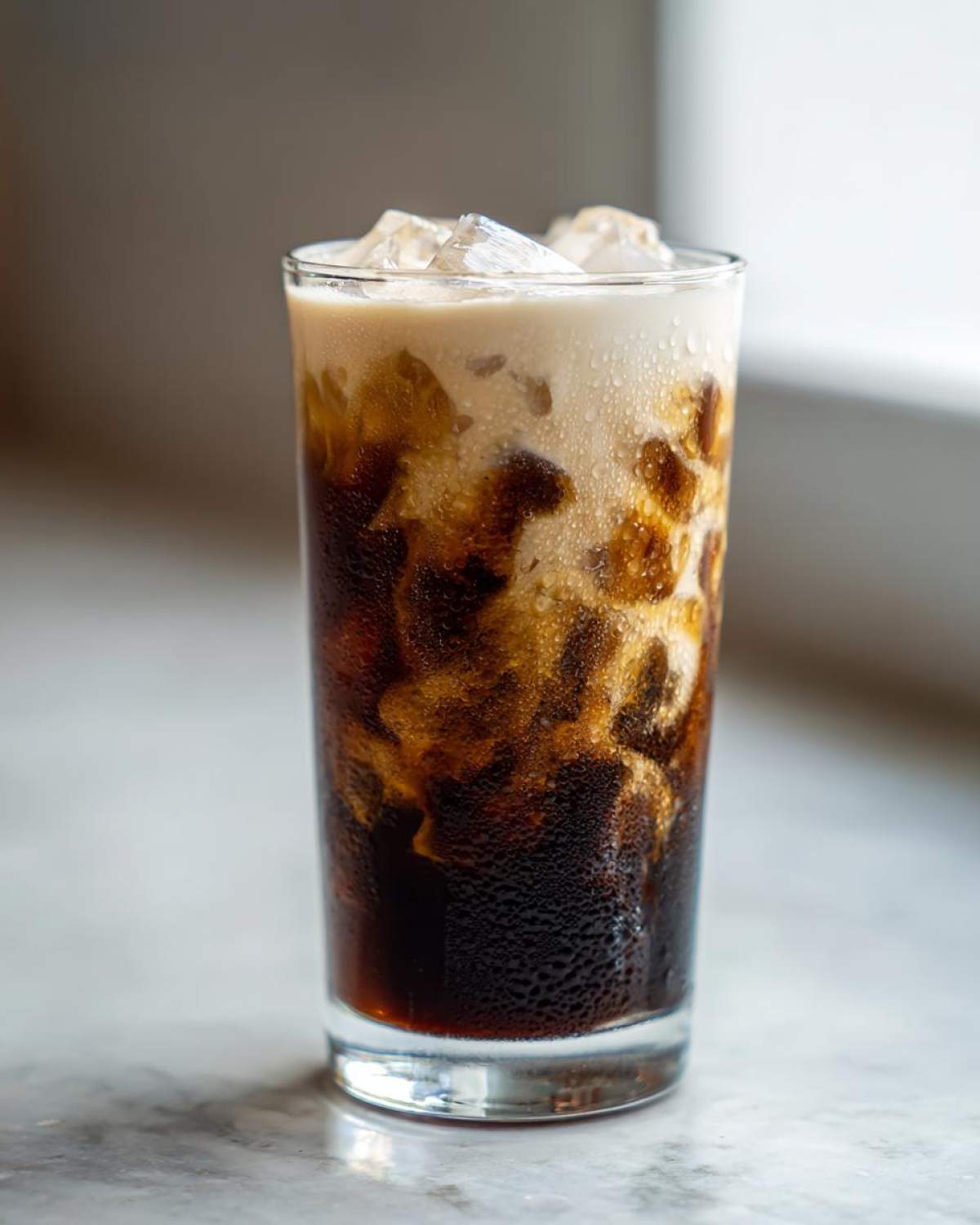 A tall glass of Iced Honey Vanilla Latte with Oat Milk showing dark coffee swirling with creamy oat milk over ice.