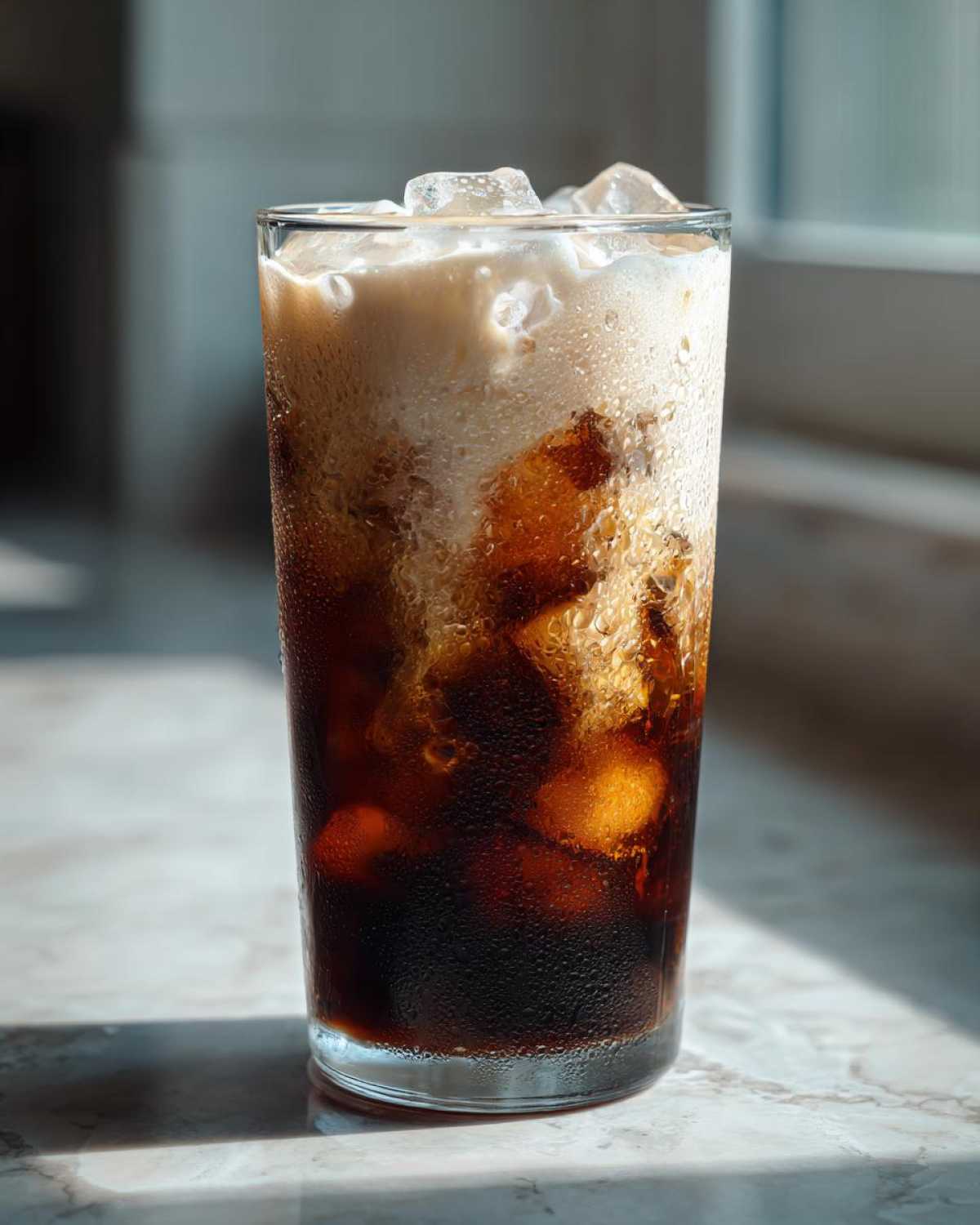Close-up of a tall glass containing an Iced Honey Vanilla Latte with Oat Milk, showing dark coffee mixing with creamy foam.