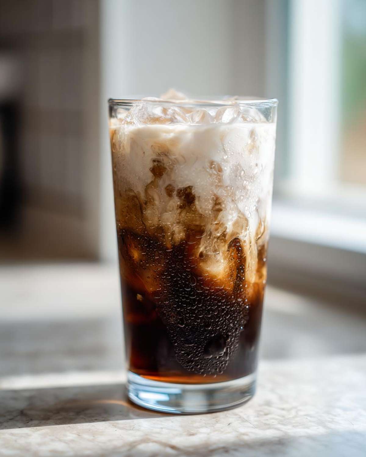 Close-up of a tall glass filled with an Iced Honey Vanilla Latte with Oat Milk, showing condensation and swirling layers of coffee and cream.