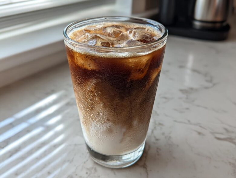 Close-up of a tall glass containing an Iced Honey Vanilla Latte with Oat Milk, showing layers of dark espresso and white milk over ice.