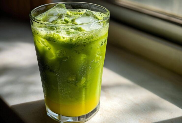 Tall glass filled with a vibrant Iced Matcha Pineapple Refresher, showing layers of green matcha and yellow pineapple juice over ice.