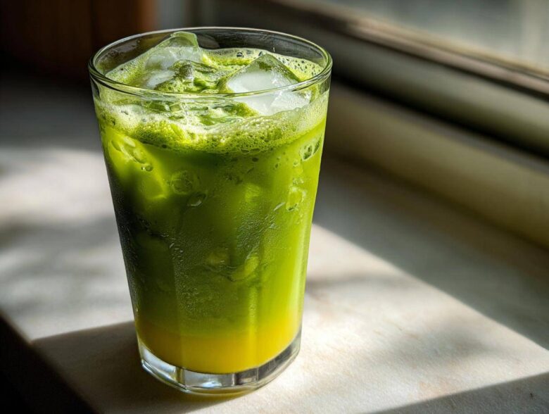 Tall glass filled with a vibrant Iced Matcha Pineapple Refresher, showing layers of green matcha and yellow pineapple juice over ice.
