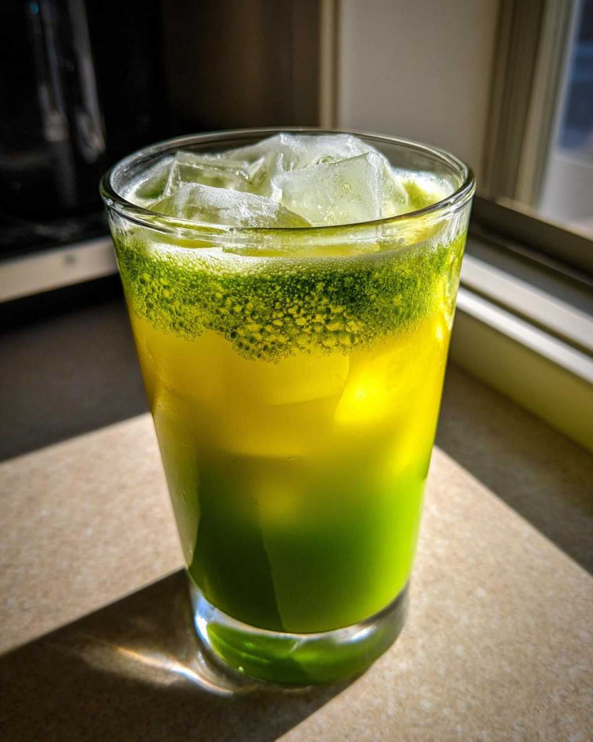 A tall glass filled with a layered Iced Matcha Pineapple Refresher, showing bright yellow pineapple juice and vibrant green matcha layers over ice cubes.