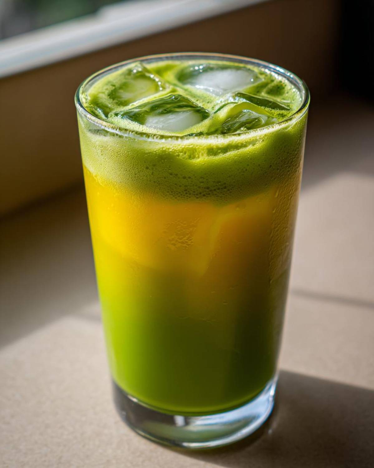 Close-up of a tall glass containing a layered Iced Matcha Pineapple Refresher with bright green matcha floating over yellow pineapple juice and ice cubes.