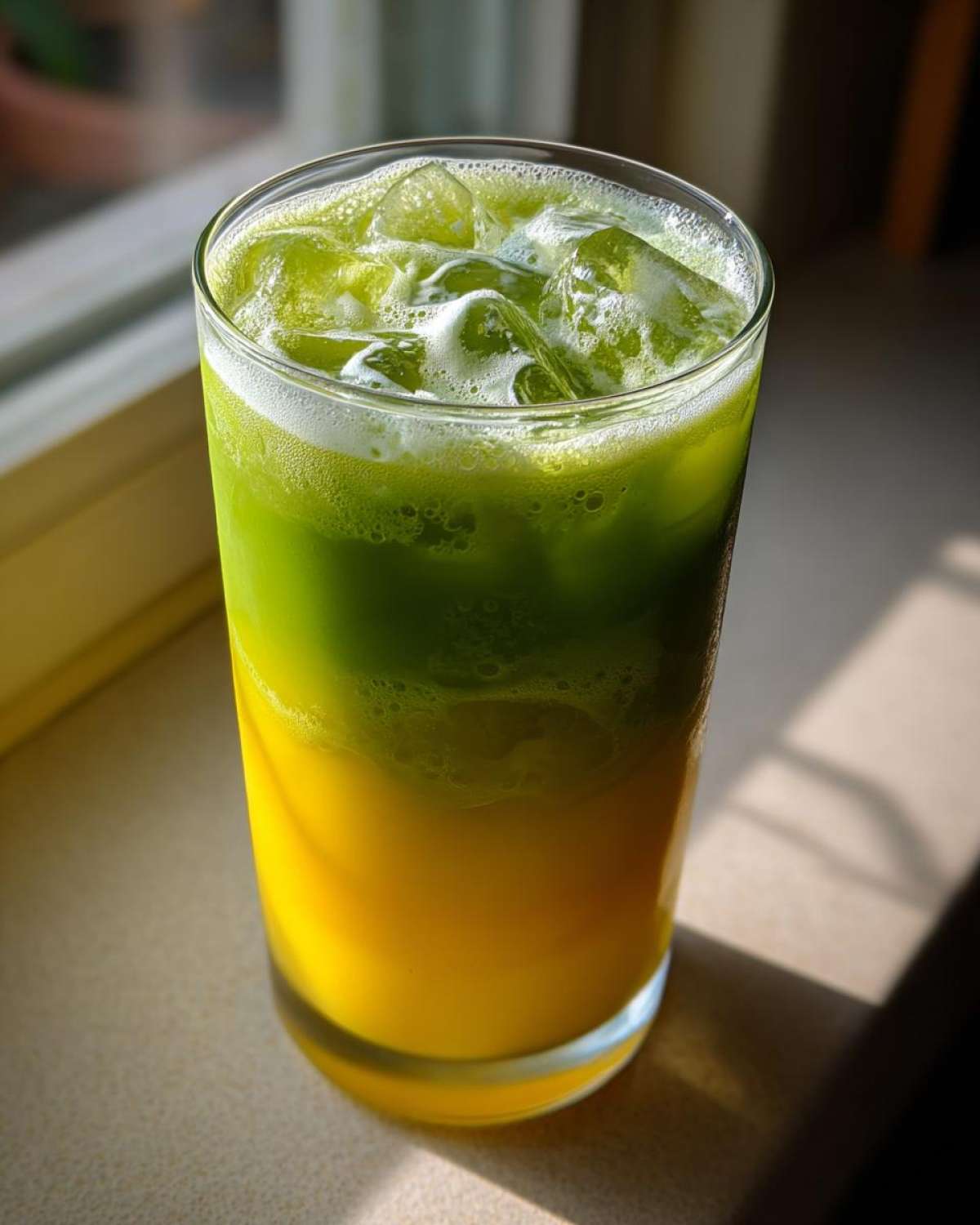 Close-up of a layered Iced Matcha Pineapple Refresher with bright yellow pineapple juice on the bottom and green matcha floating above ice.