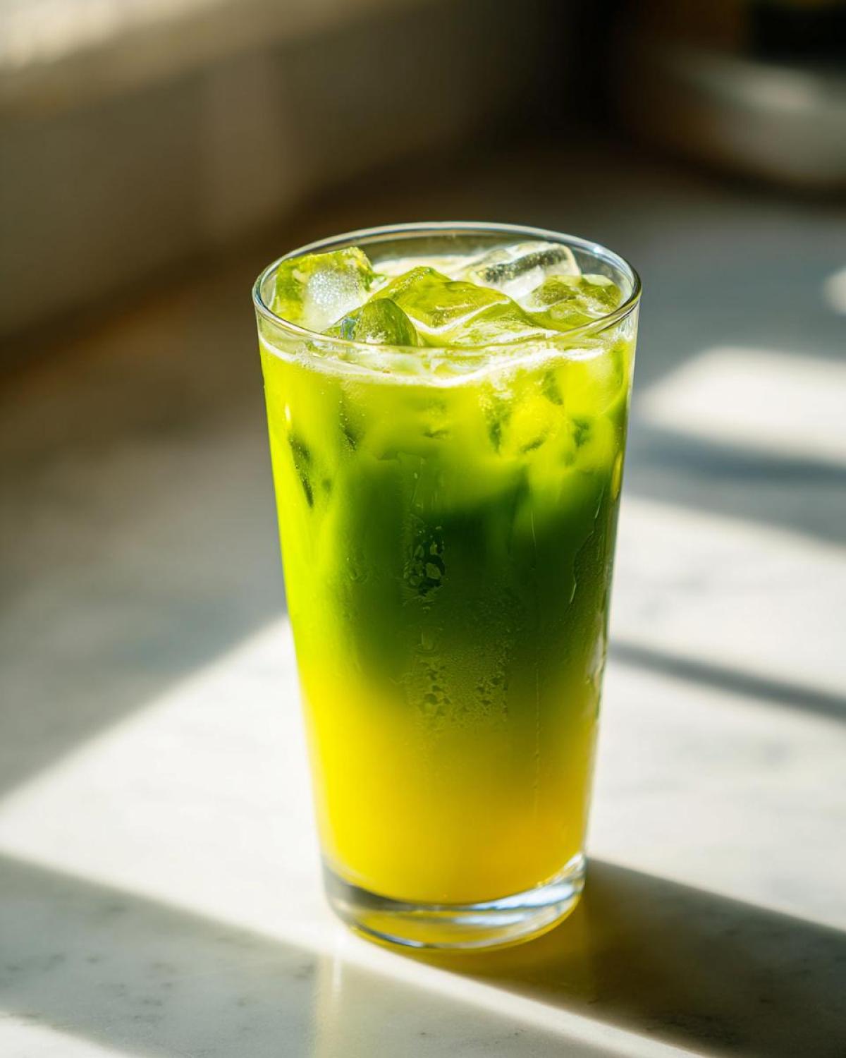A tall glass showing a layered Iced Matcha Pineapple Refresher with bright yellow pineapple juice at the bottom and green matcha on top, filled with ice.