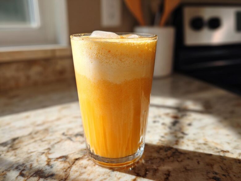 A tall glass filled with a vibrant, layered Iced Orange Creamsicle Smoothie topped with ice cubes.