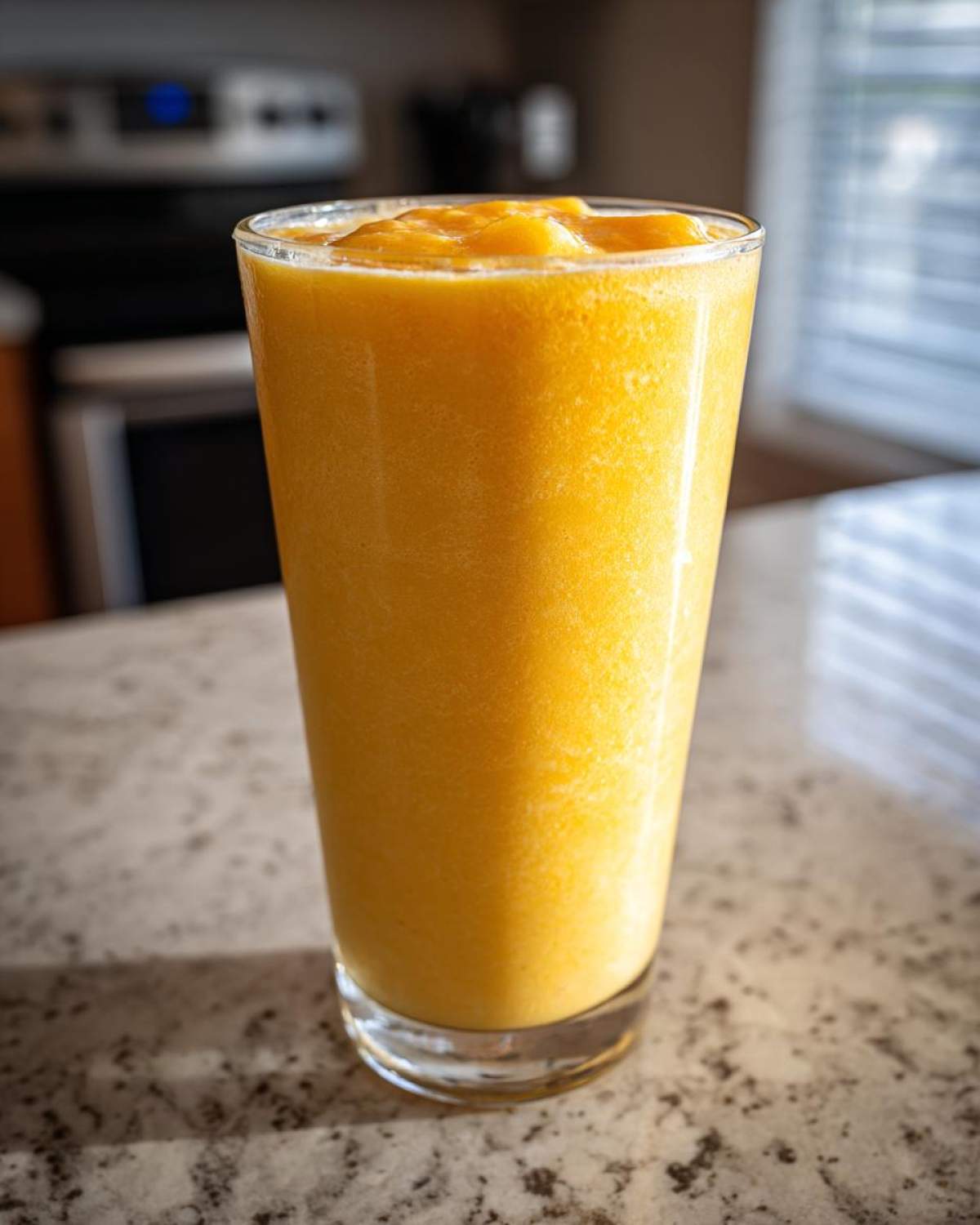 A tall glass filled with a thick, bright orange Iced Orange Creamsicle Smoothie sitting on a granite countertop.