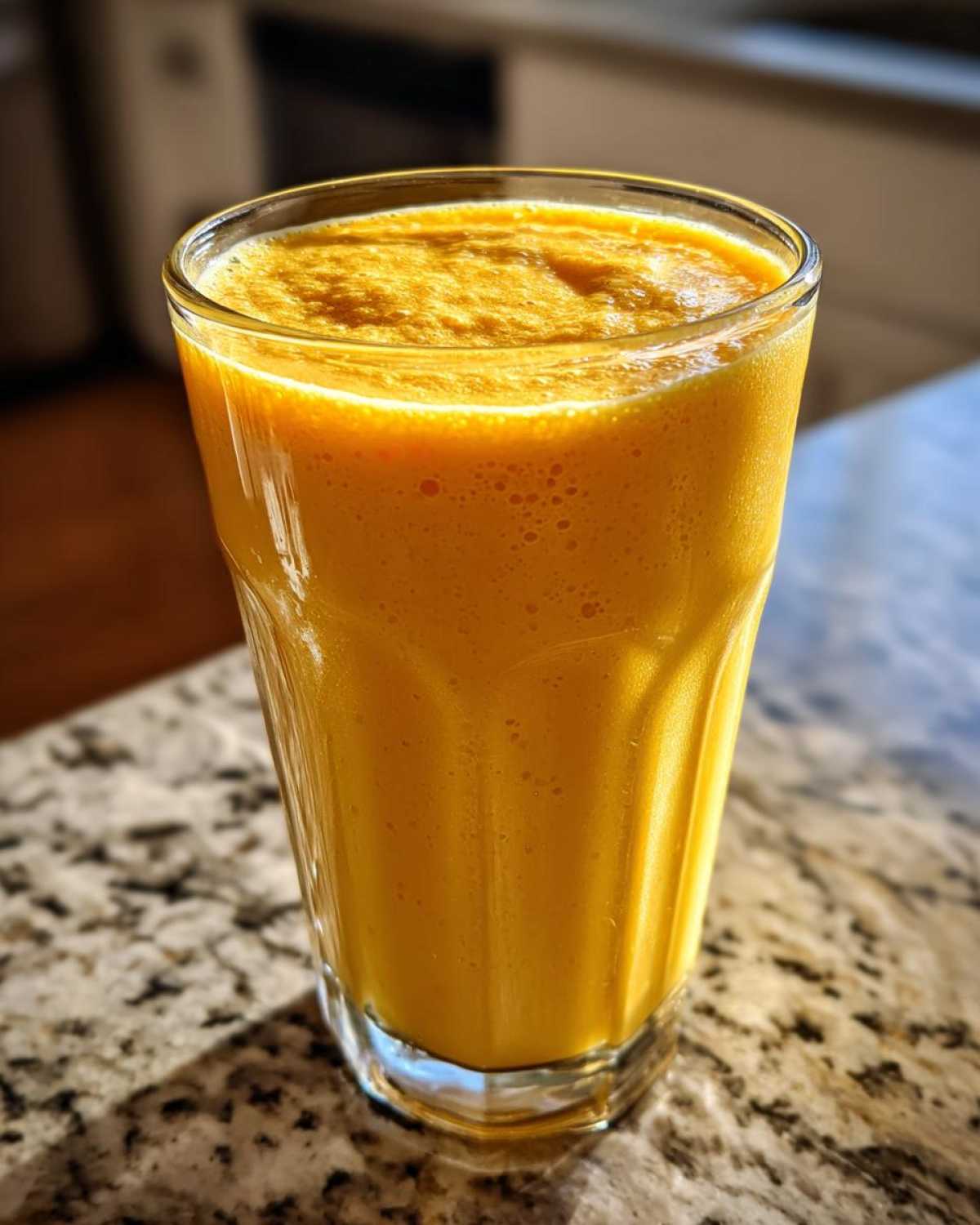A tall glass filled with a thick, bright orange Iced Orange Creamsicle Smoothie sitting on a granite countertop.