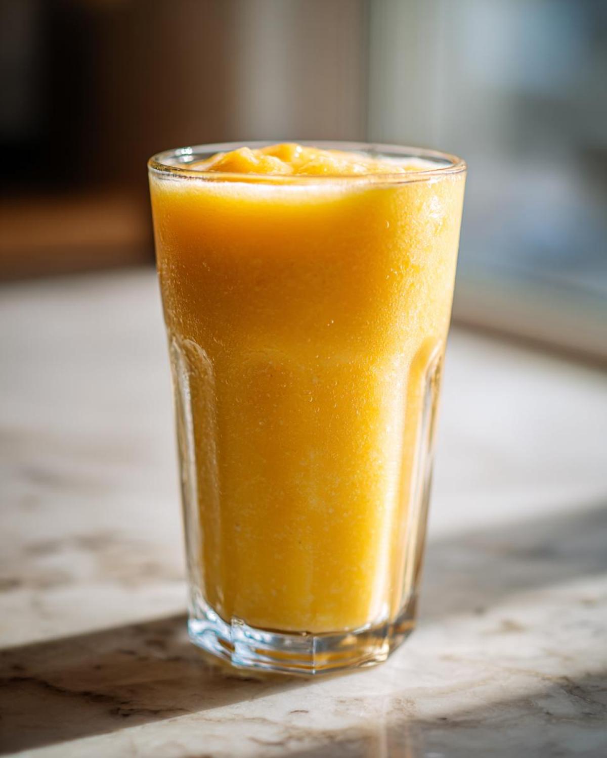 A tall glass filled with a thick, bright orange Iced Orange Creamsicle Smoothie sitting on a marble countertop.