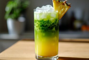 A tall glass filled with an Iced Pineapple Matcha Spritz, showing yellow pineapple juice layered beneath bright green matcha, topped with ice and a pineapple wedge.