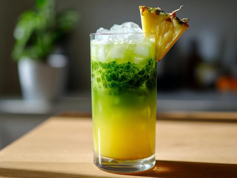 A tall glass filled with an Iced Pineapple Matcha Spritz, showing yellow pineapple juice layered beneath bright green matcha, topped with ice and a pineapple wedge.