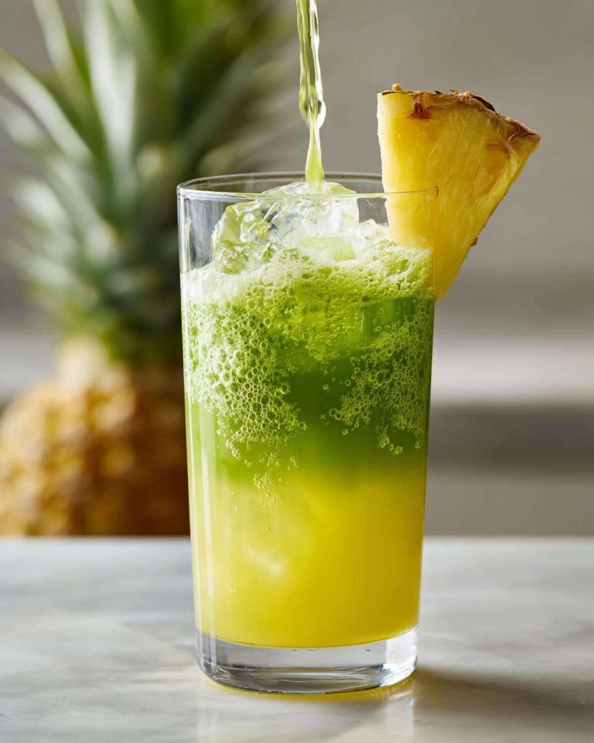 Pouring green matcha liquid over yellow pineapple juice and ice to create an Iced Pineapple Matcha Spritz.