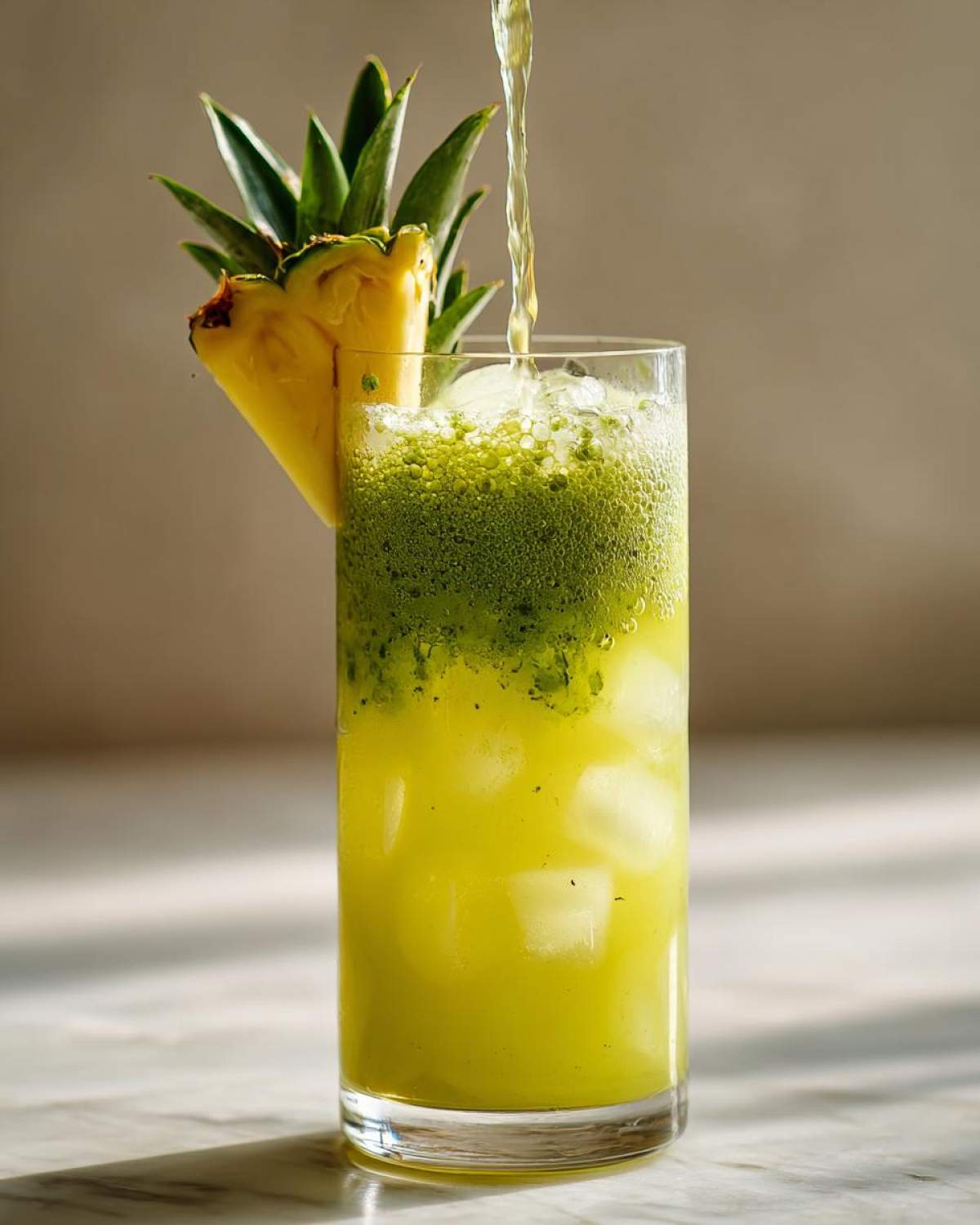 A tall glass being filled with liquid to create an Iced Pineapple Matcha Spritz, garnished with a pineapple wedge.