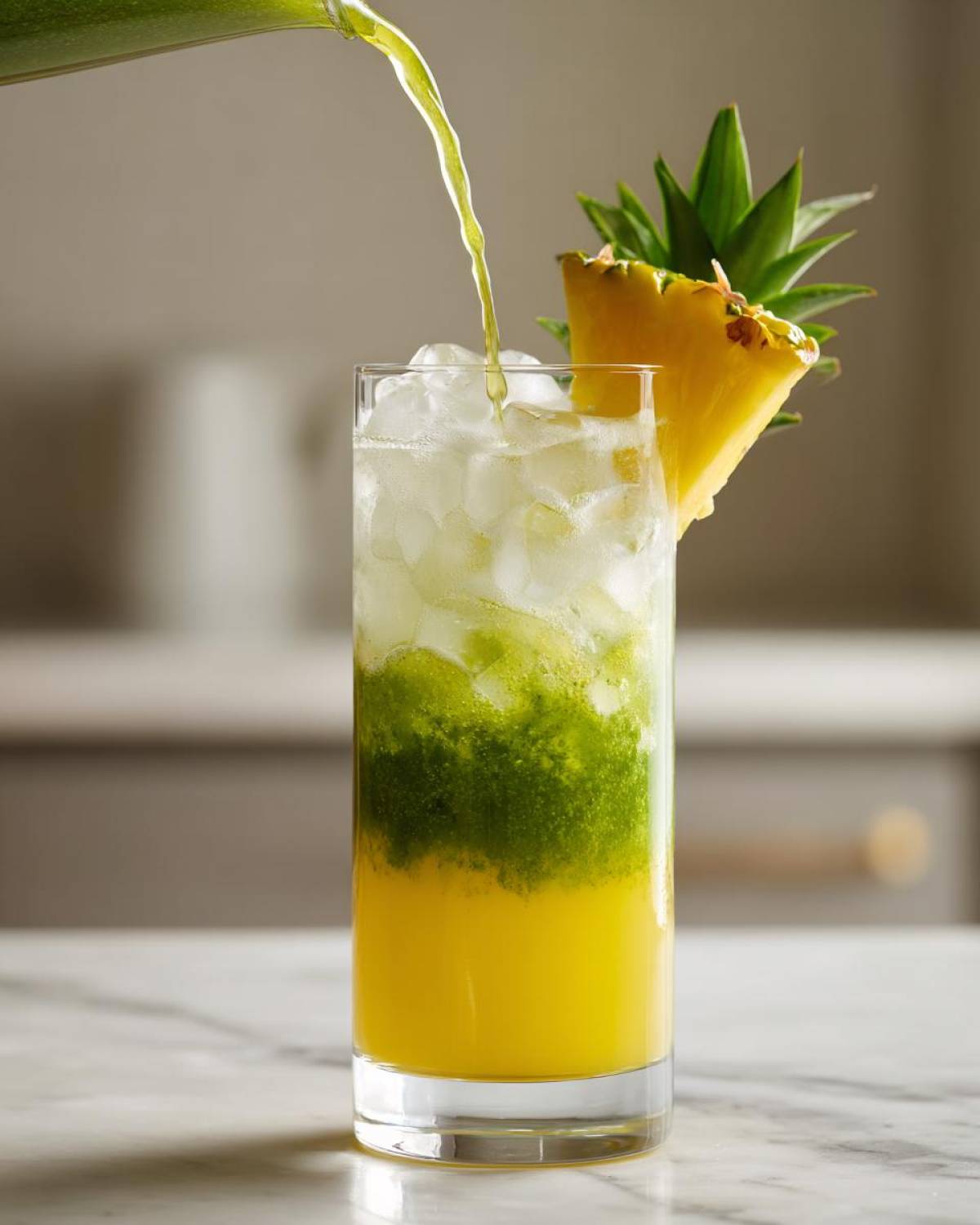 Pouring green matcha liquid over ice and pineapple juice to create an Iced Pineapple Matcha Spritz.