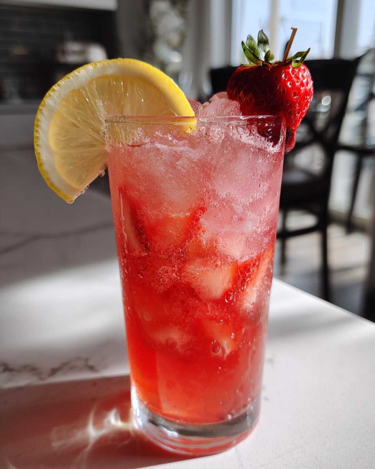 A tall glass filled with Iced Strawberry Hibiscus Tea Lemonade, ice, and strawberry slices, garnished with a lemon wheel and fresh strawberry.