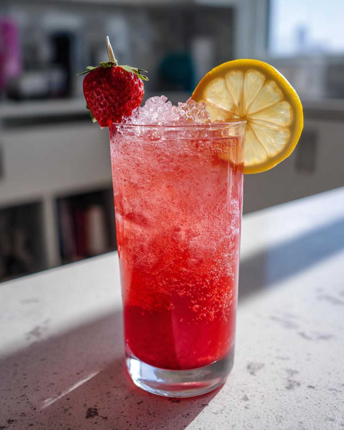 A tall glass filled with vibrant red Iced Strawberry Hibiscus Tea Lemonade, garnished with a fresh strawberry and lemon slice.