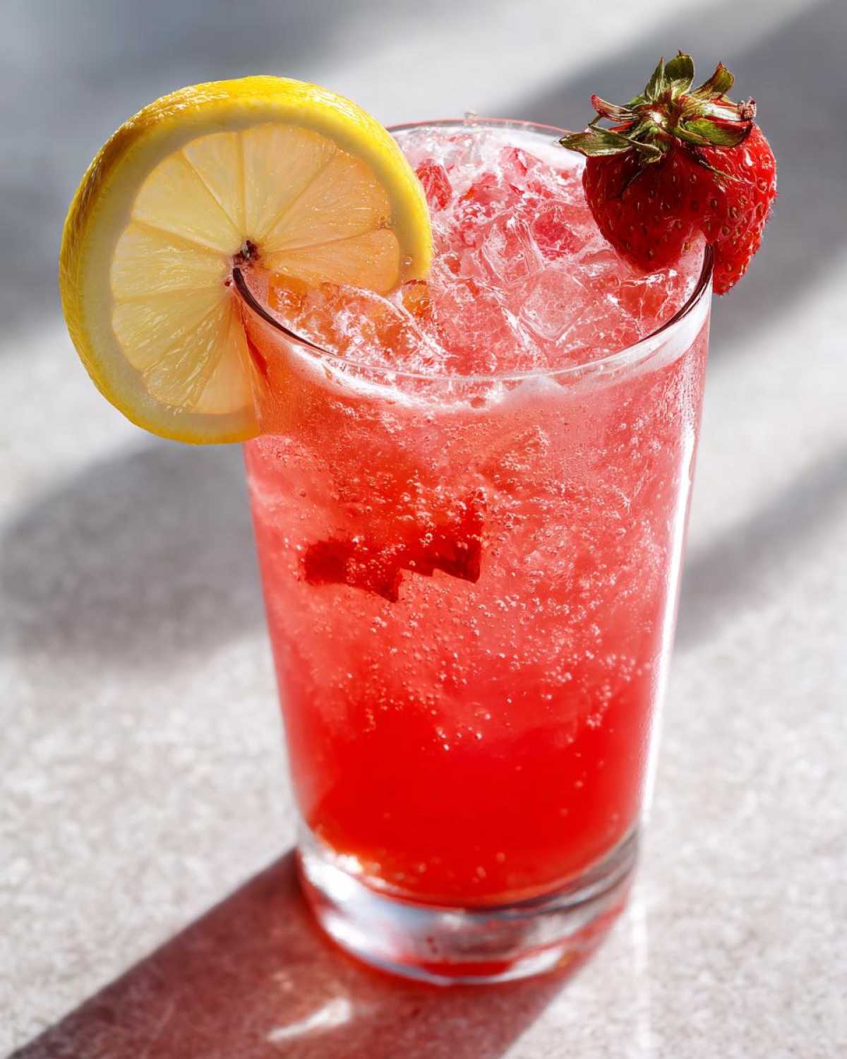 Tall glass of bright red Iced Strawberry Hibiscus Tea Lemonade garnished with a lemon slice and fresh strawberry.