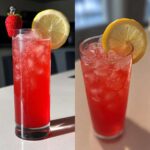 Two glasses of bright red Iced Strawberry Hibiscus Tea Lemonade filled with ice and garnished with lemon slices.