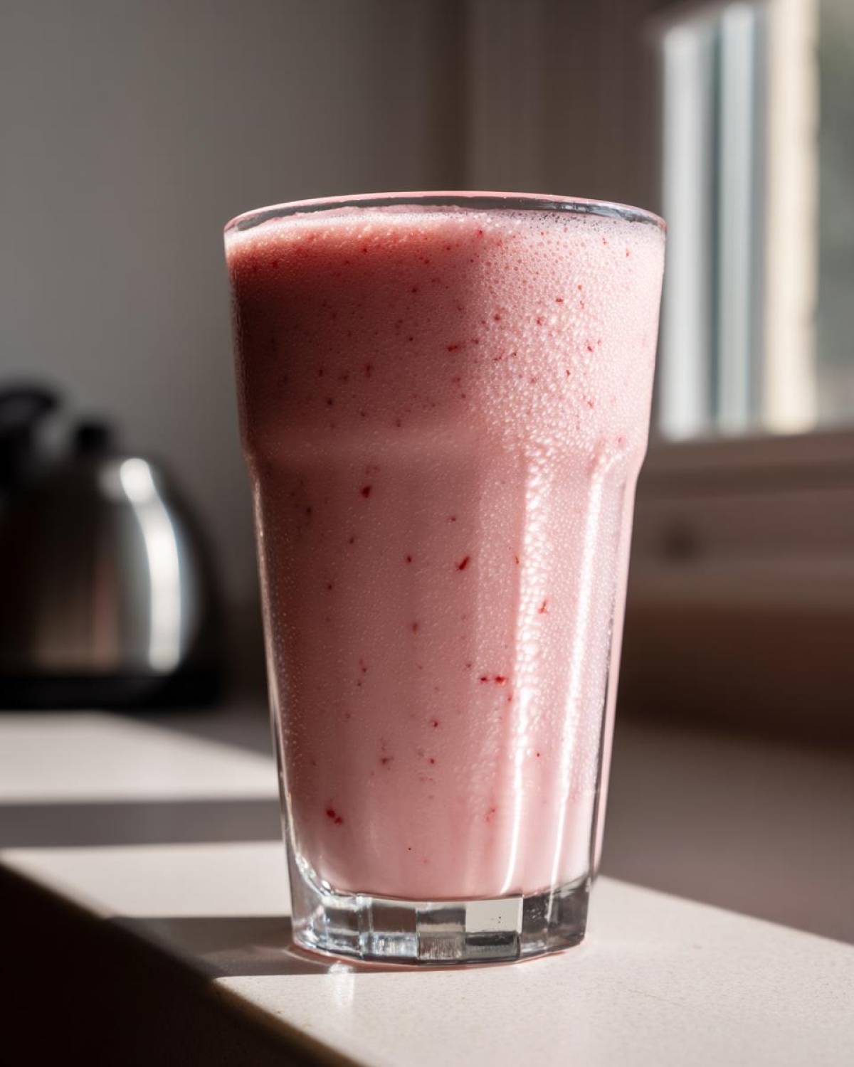 A tall glass filled with a frothy, pink Iced Vanilla Strawberry Protein Shake, catching sunlight on a counter.